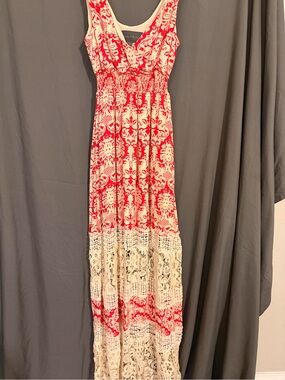 Sleeveless Pink and Cream Crochet-Trim Maxi Dress